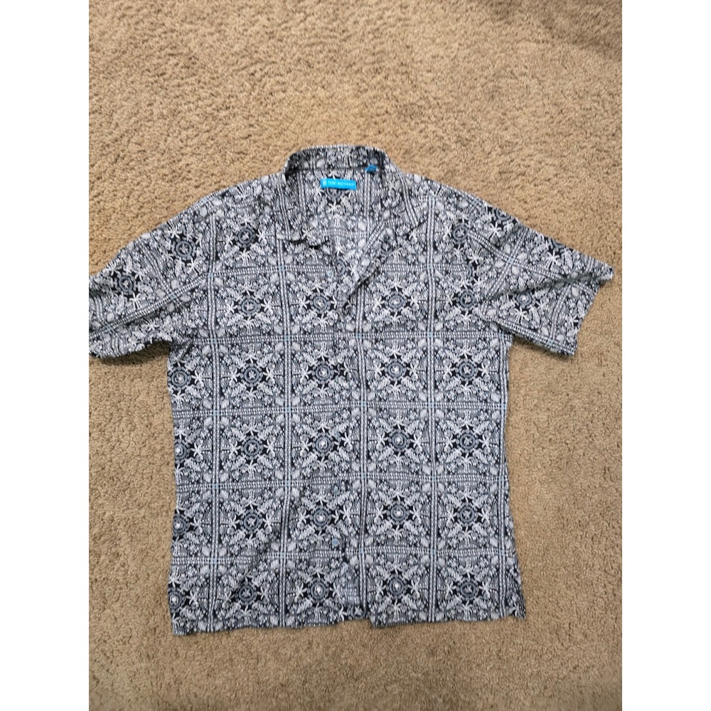 Tori Richard Mens L 100% Cotton Lawn Shirt Hawaii Geometric Tropical Palm Shell - Picture 1 of 10